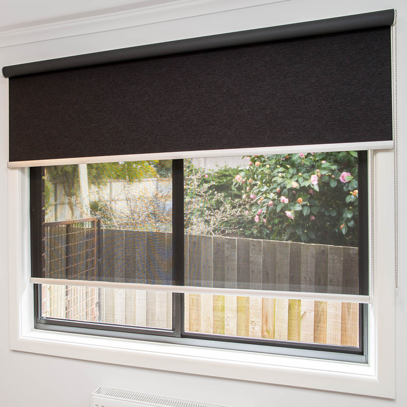 Double Roller Blinds Oak Park comprise of a block out roller blind and a sunscreen see through roller blind on single or double blind brackets 3046 VIC